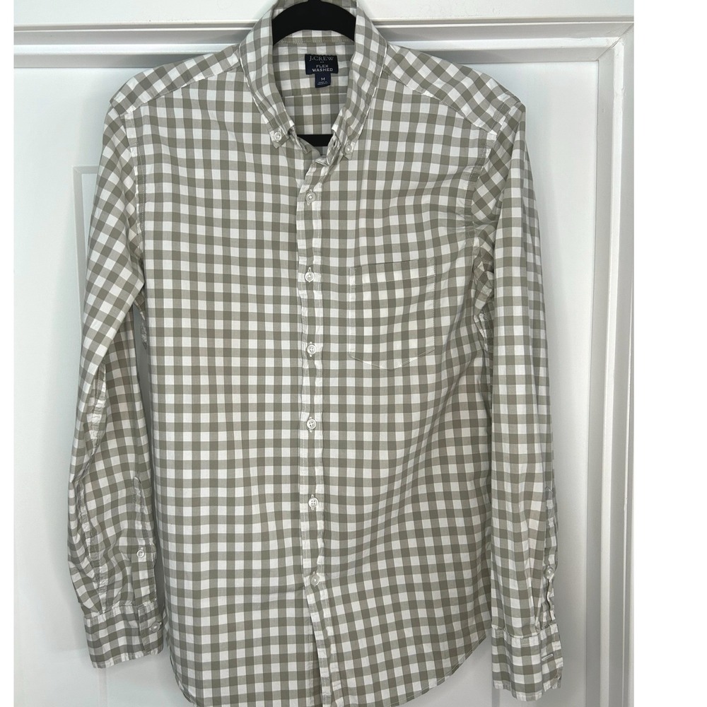 J.Crew Flex Washed Slim Fit Gingham Button Down Shirt Tan White Mens Medium‎